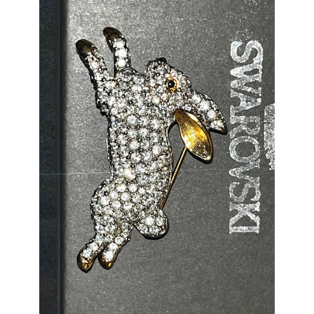Vintage Swarovski Jumping Bunny Brooch 22k Gold Plated Pave Crystal Retired Box